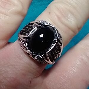 Silvertone faux onyx black crystal ring
